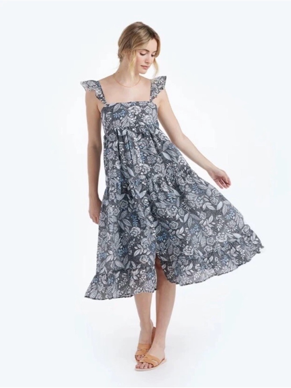 Summersalt NWT The Tiered Ruffle Midi Dress Ruffle Shoulders Smocked Buttons